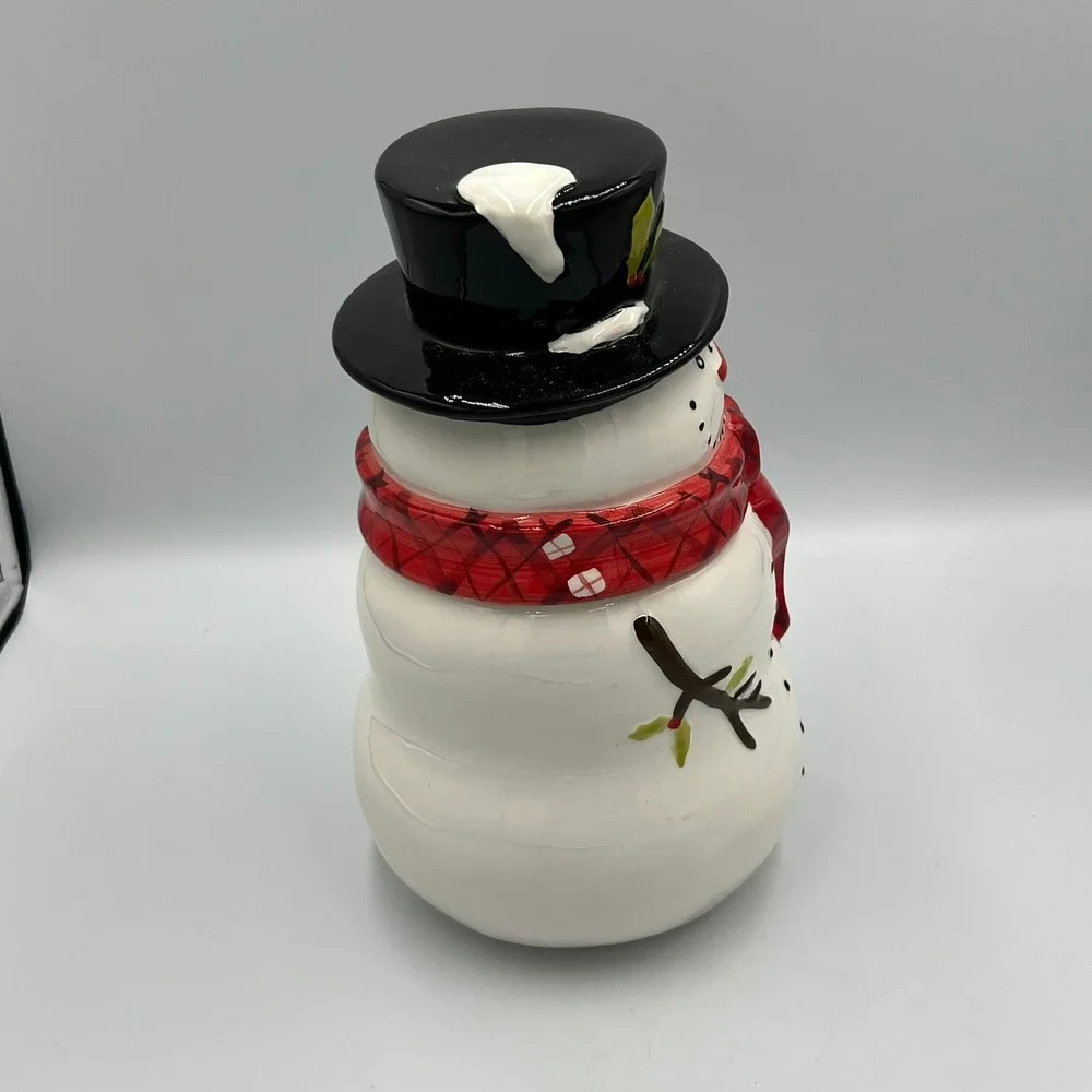 Magenta Snowman Cookie Jar Holiday Large White Red Black Excellent Plaid Scarf